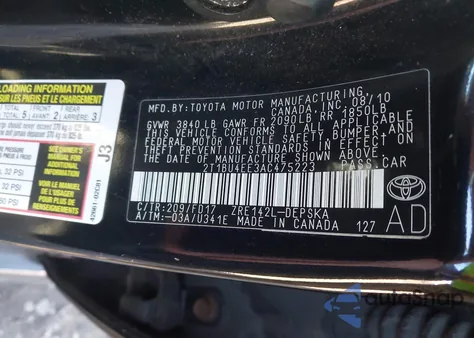2010 Toyota Corolla S from USA, damaged, VIN 2T1BU4EE3AC475223